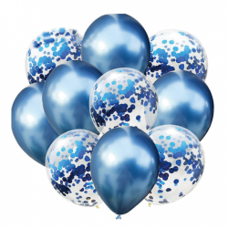 Zestaw balonów niebieski chrom z konfetti 10 szt.