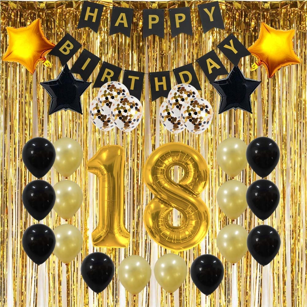 continue Bourgeon Sobriquette Zestaw balonów i dekoracji na 18 urodziny w kolorze czarno-złotym.